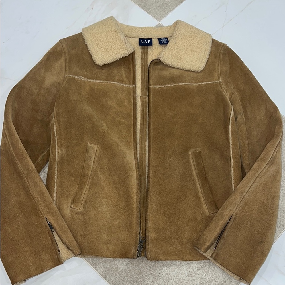 GAP Brown Suede Shearling Jacket with Cream Collar